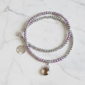 Dainty Silver Hematite, Faux Pearl Wire Wrap Bracelet w/ Sterling Silver Tree